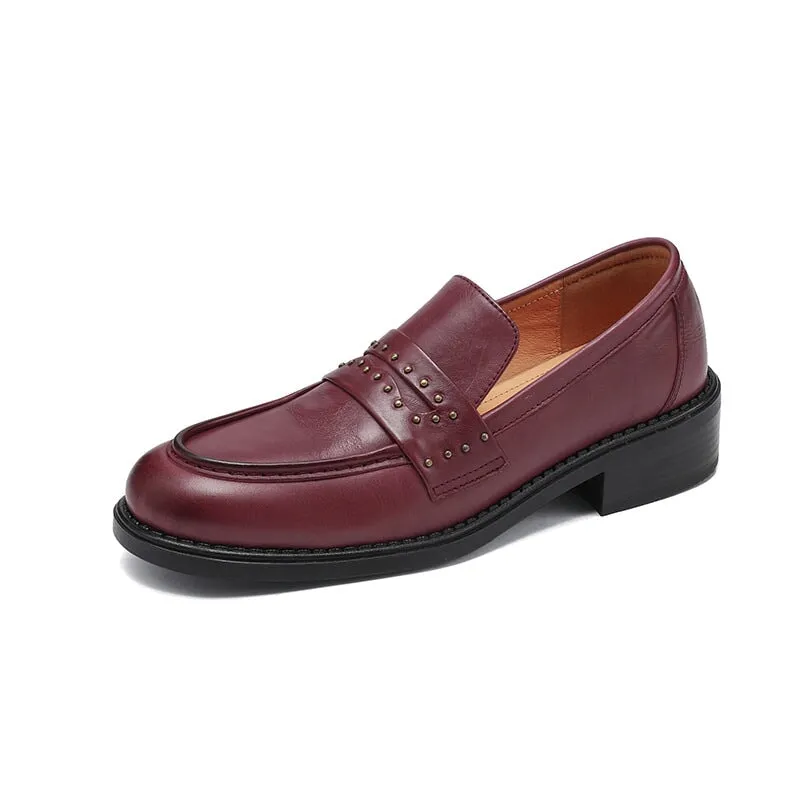 Round Toe 40mm Block Heel Leather Loafers for Women Rivet-embellishment in Wine Red/Brown/Black