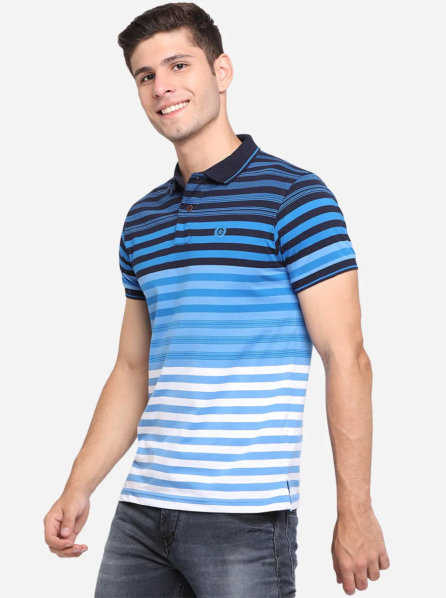 Royal Blue & White Striped Slim Fit Polo T-Shirt | Greenfibre