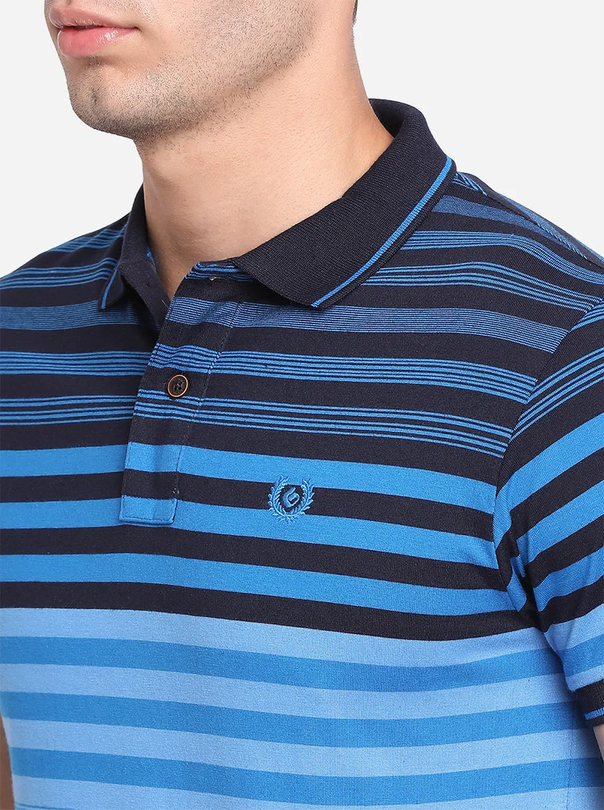 Royal Blue & White Striped Slim Fit Polo T-Shirt | Greenfibre