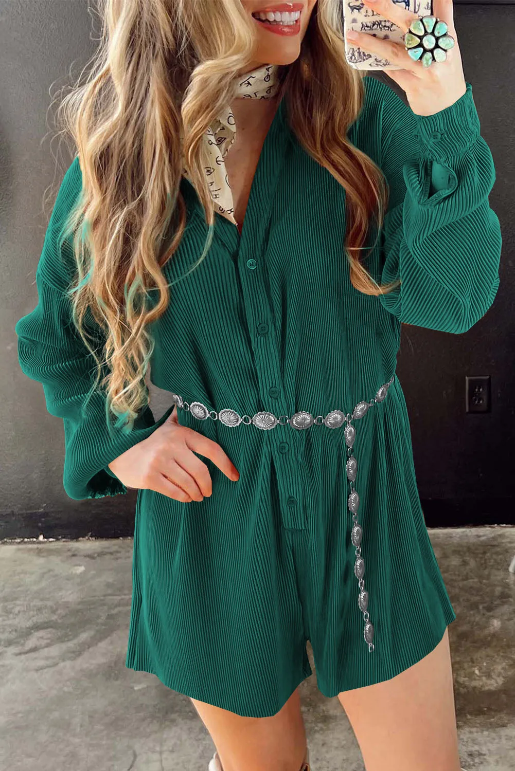 Sea Green Ribbed Long Sleeve Button Front Romper