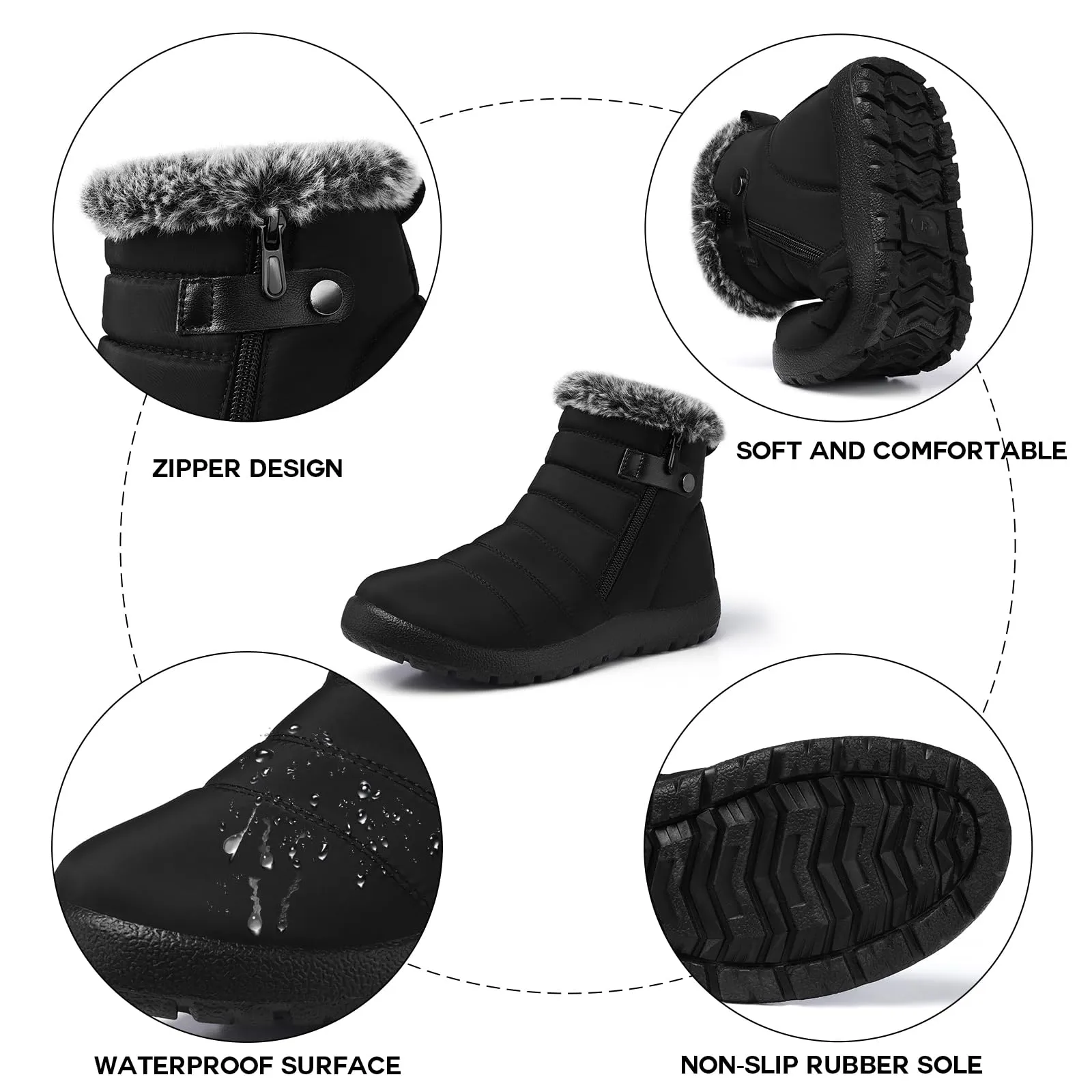 SHIBEVER Women Winter Snow Boots: Womens Black Waterproof Non Slip Ankle Booties Size 8 Warm Fur Lined Outdoor Walking Booty