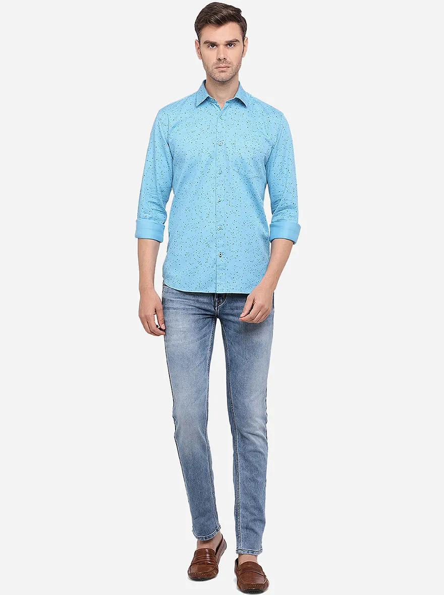 Sky Blue Printed Slim Fit Semi Casual Shirt | Greenfibre