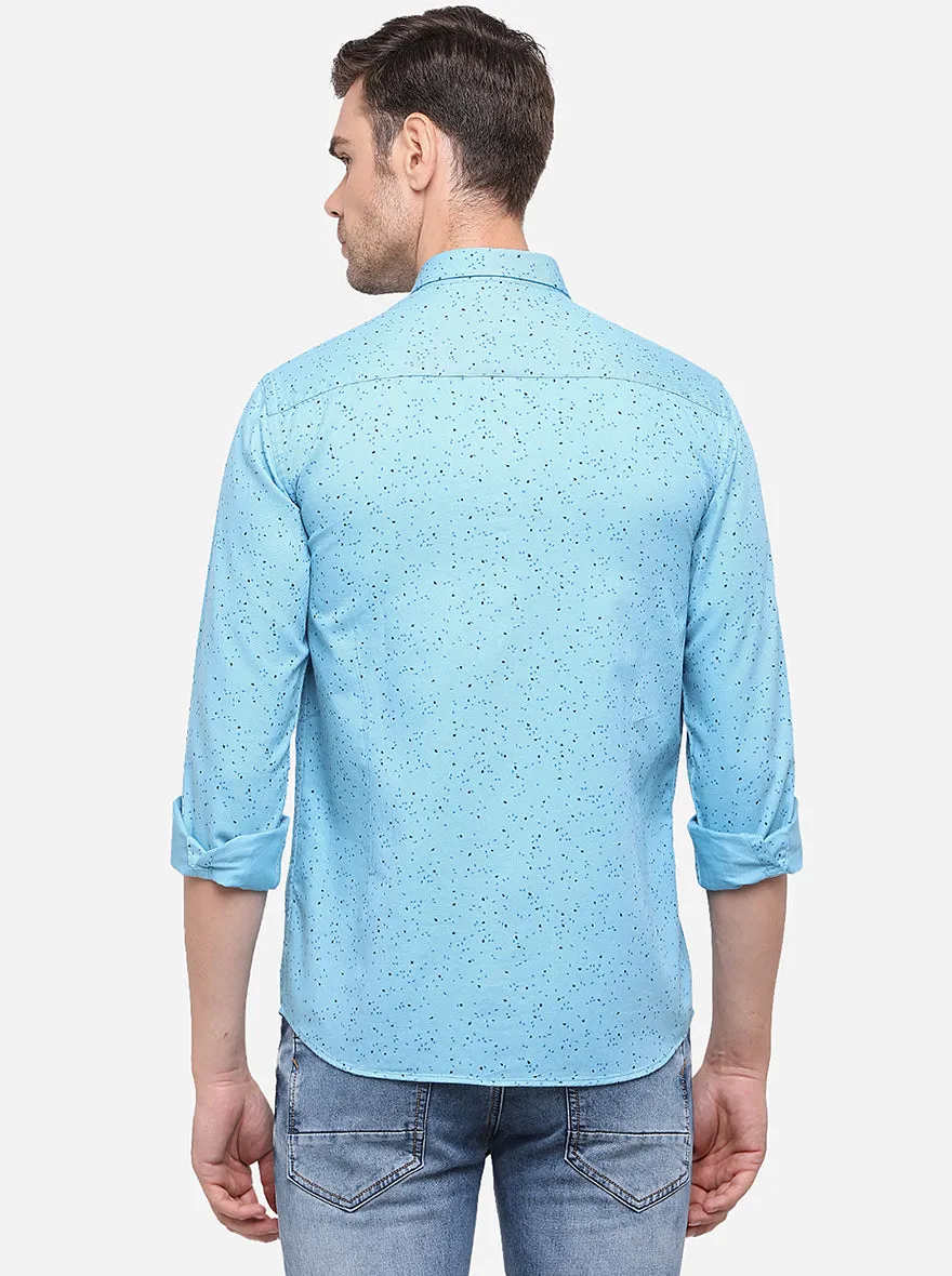 Sky Blue Printed Slim Fit Semi Casual Shirt | Greenfibre