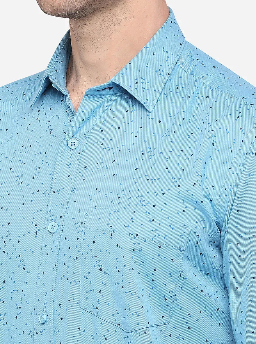 Sky Blue Printed Slim Fit Semi Casual Shirt | Greenfibre