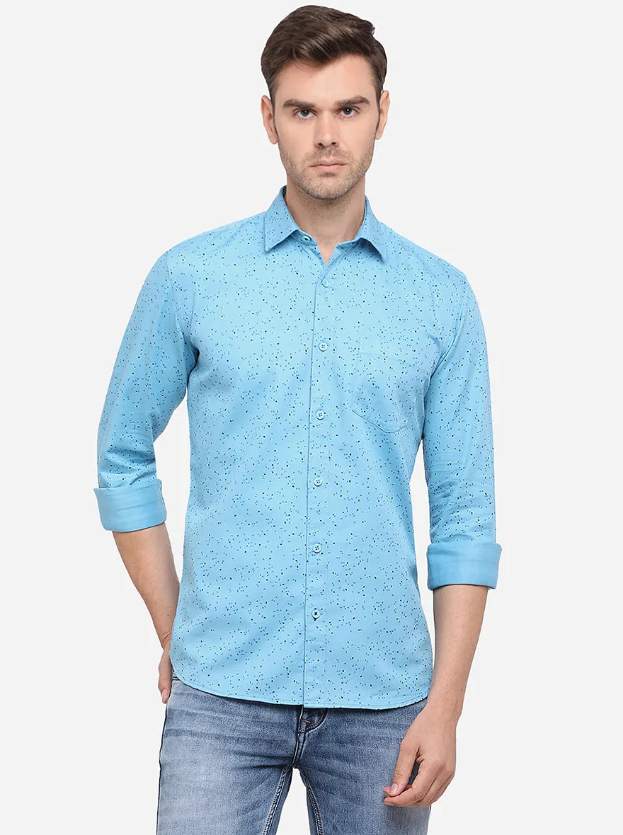 Sky Blue Printed Slim Fit Semi Casual Shirt | Greenfibre