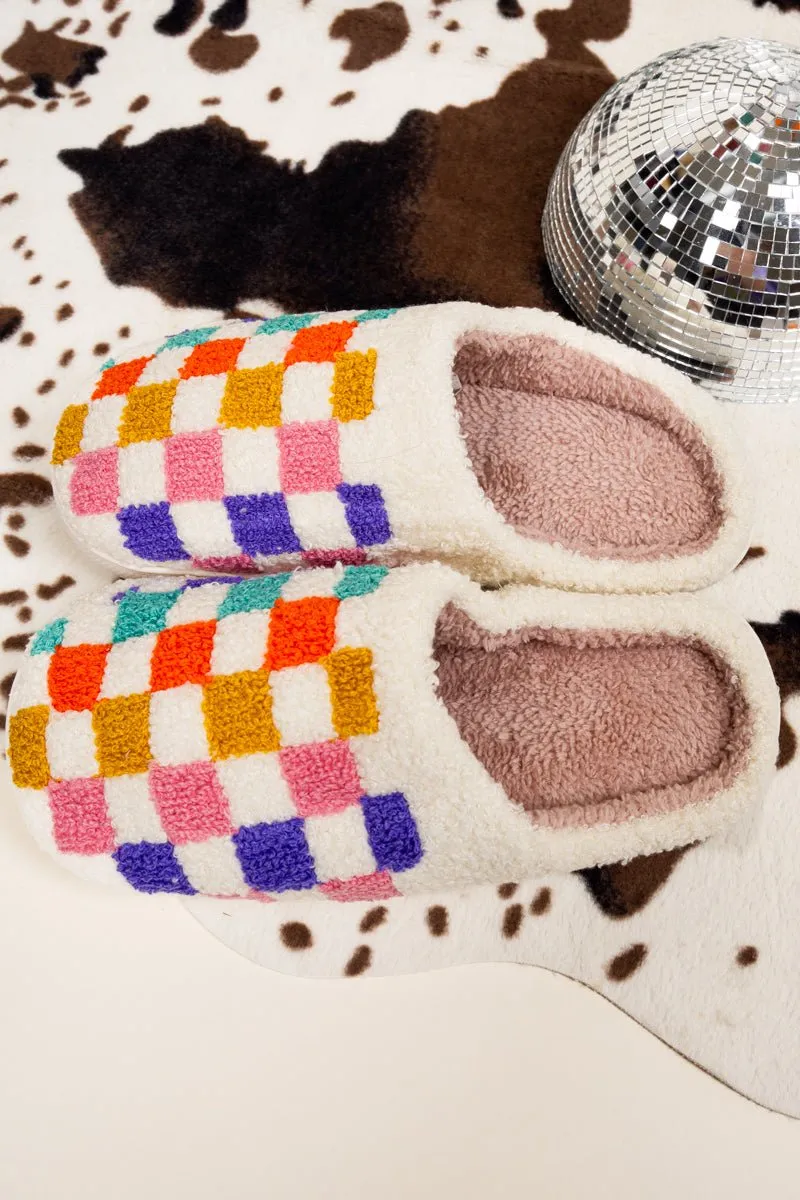 Slow Morning Multi-Color Check Plush Slippers