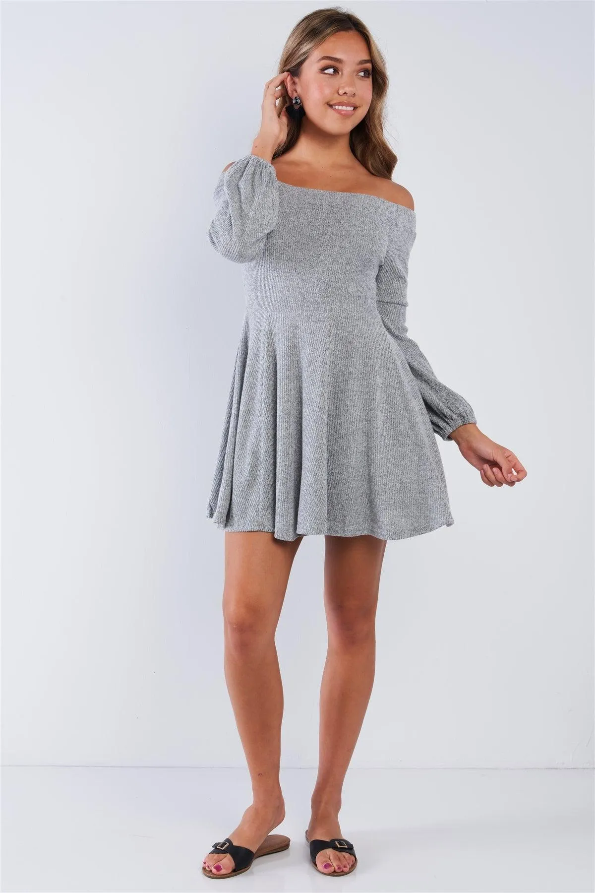 Soft Ribbed Fleece Off The Shoulder Sweater Dress