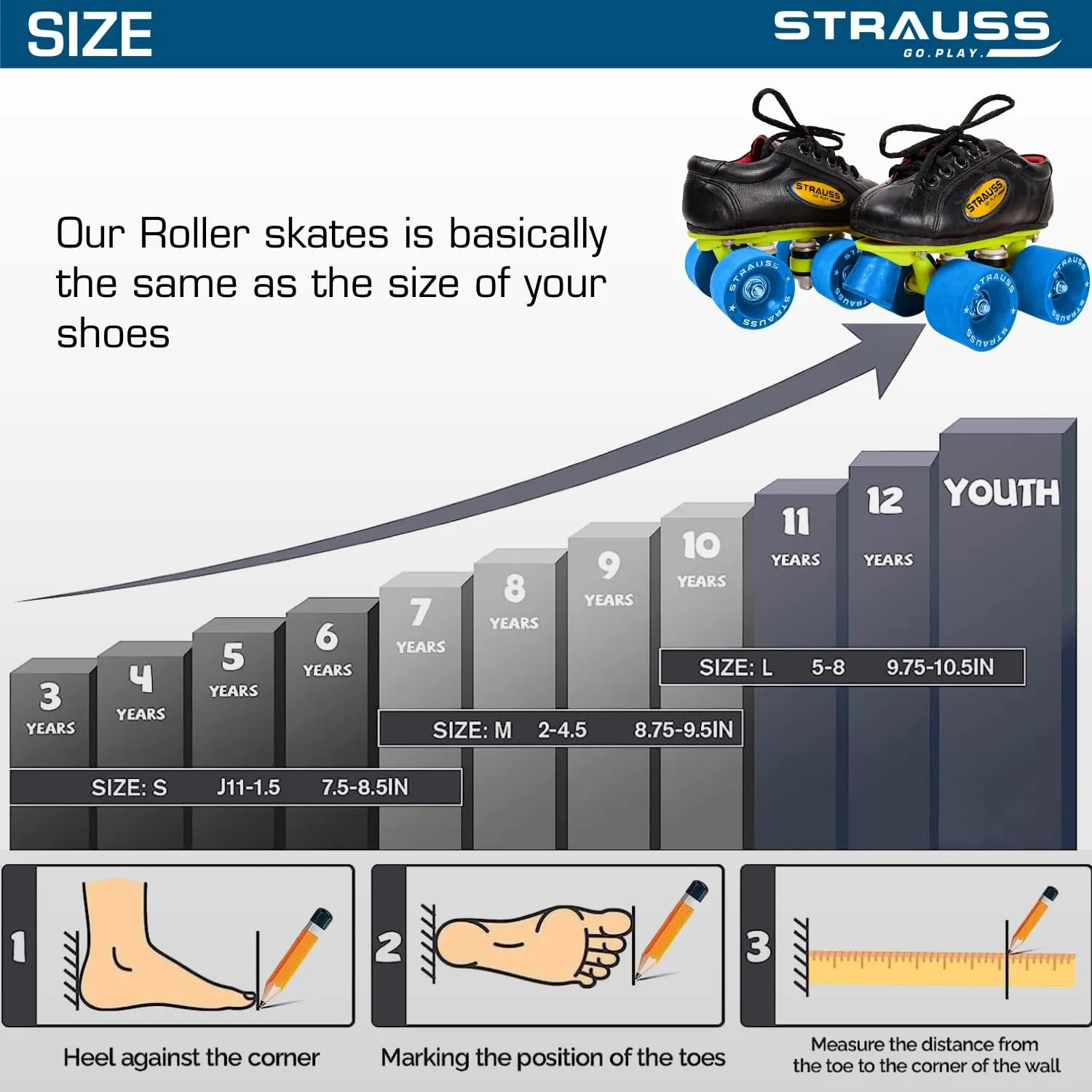 STRAUSS Gripper Shoe Skate with Rubber Wheel |Fixed Body Roller Skates |Skating Shoes for Boys,Girls and Kids |Suitable for All Skill Level |Ideal for Kids (11-12 Years), Size-4, (Blue/Black)