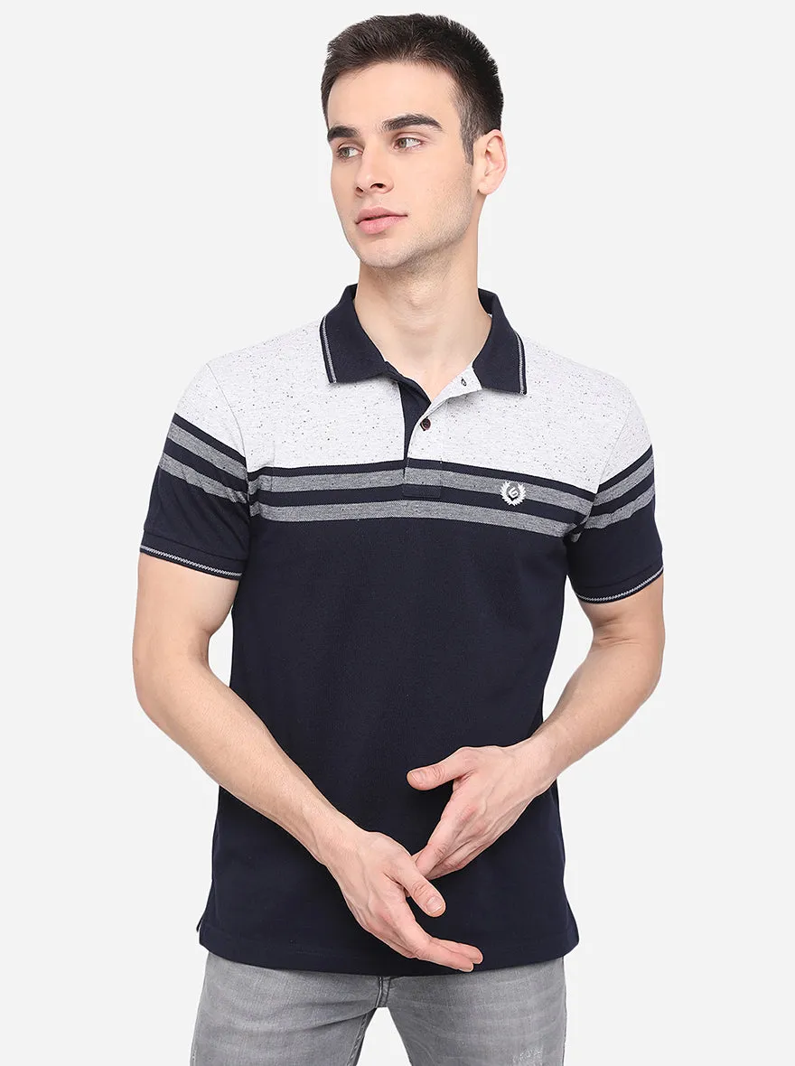 White & Navy Blue Striped Slim Fit Polo T-Shirt | Greenfibre