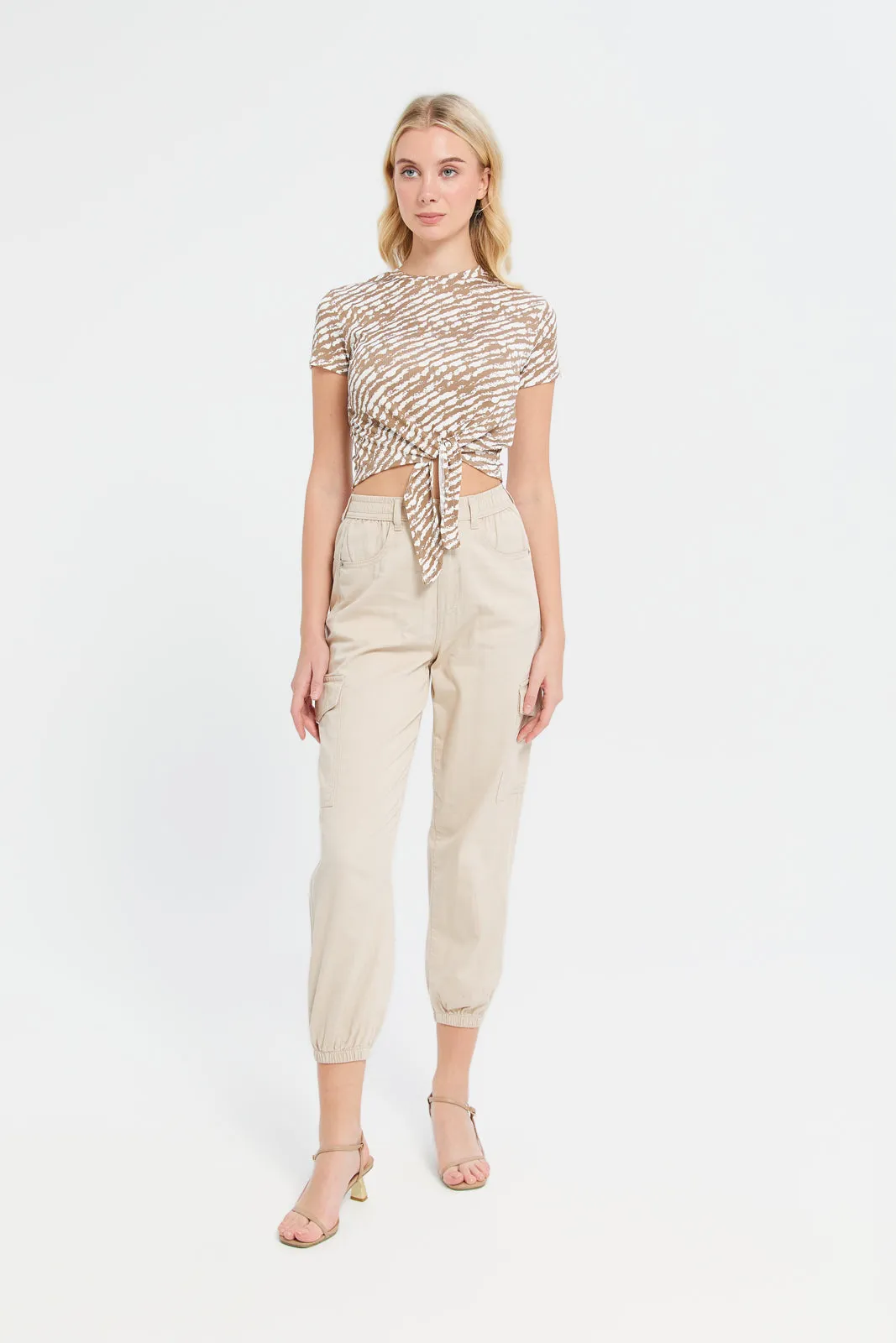 Woman Beige Printed Rib Top