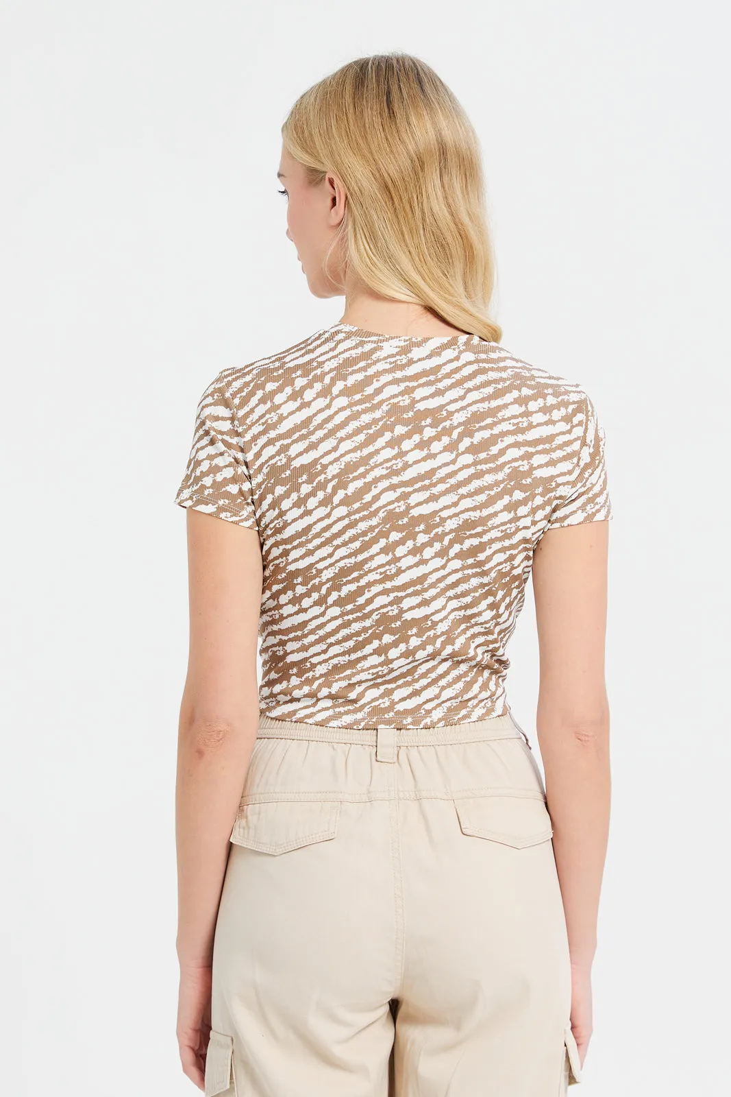 Woman Beige Printed Rib Top