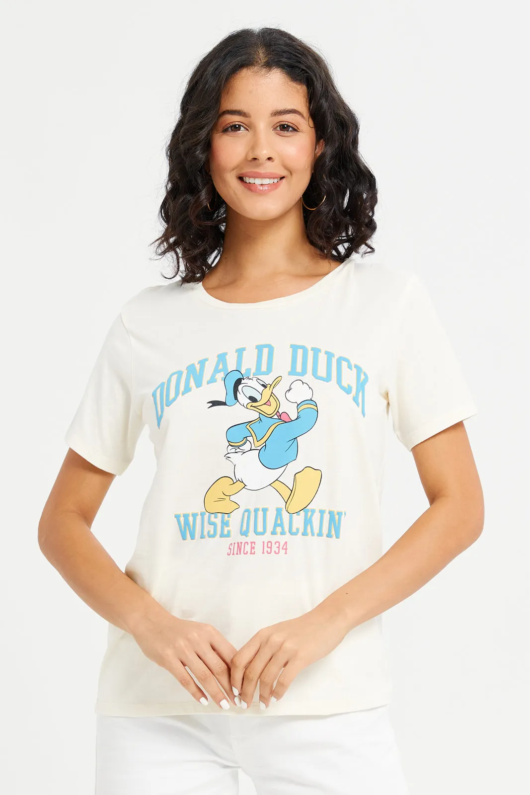 Women Cream Donal Duck Printed T-Shirt