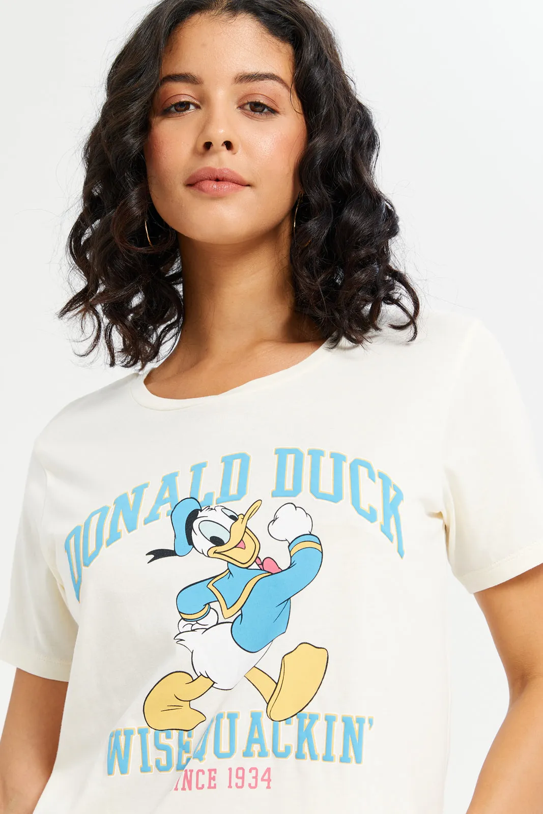 Women Cream Donal Duck Printed T-Shirt