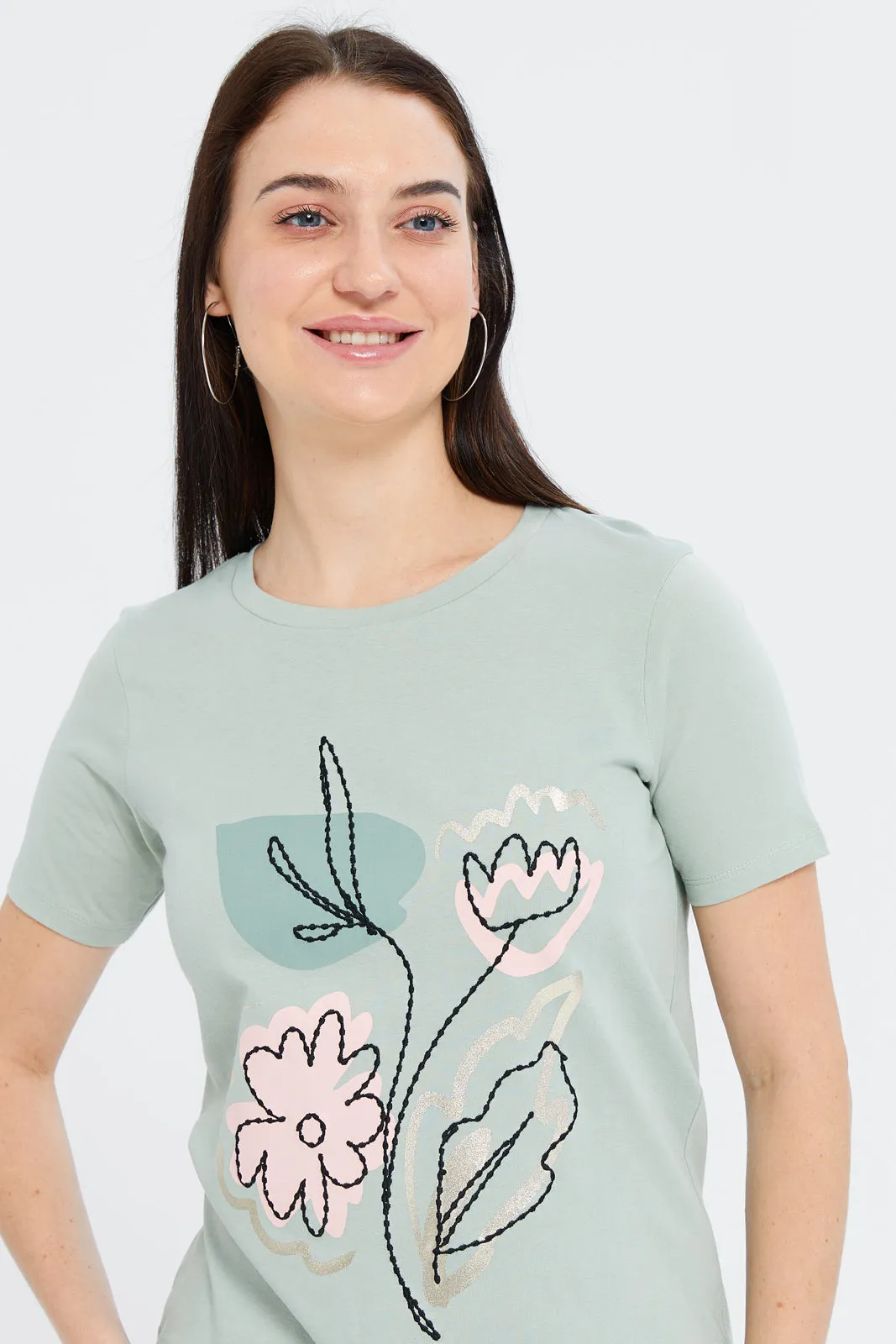 Women Mint Floral Embellished T-Shirt