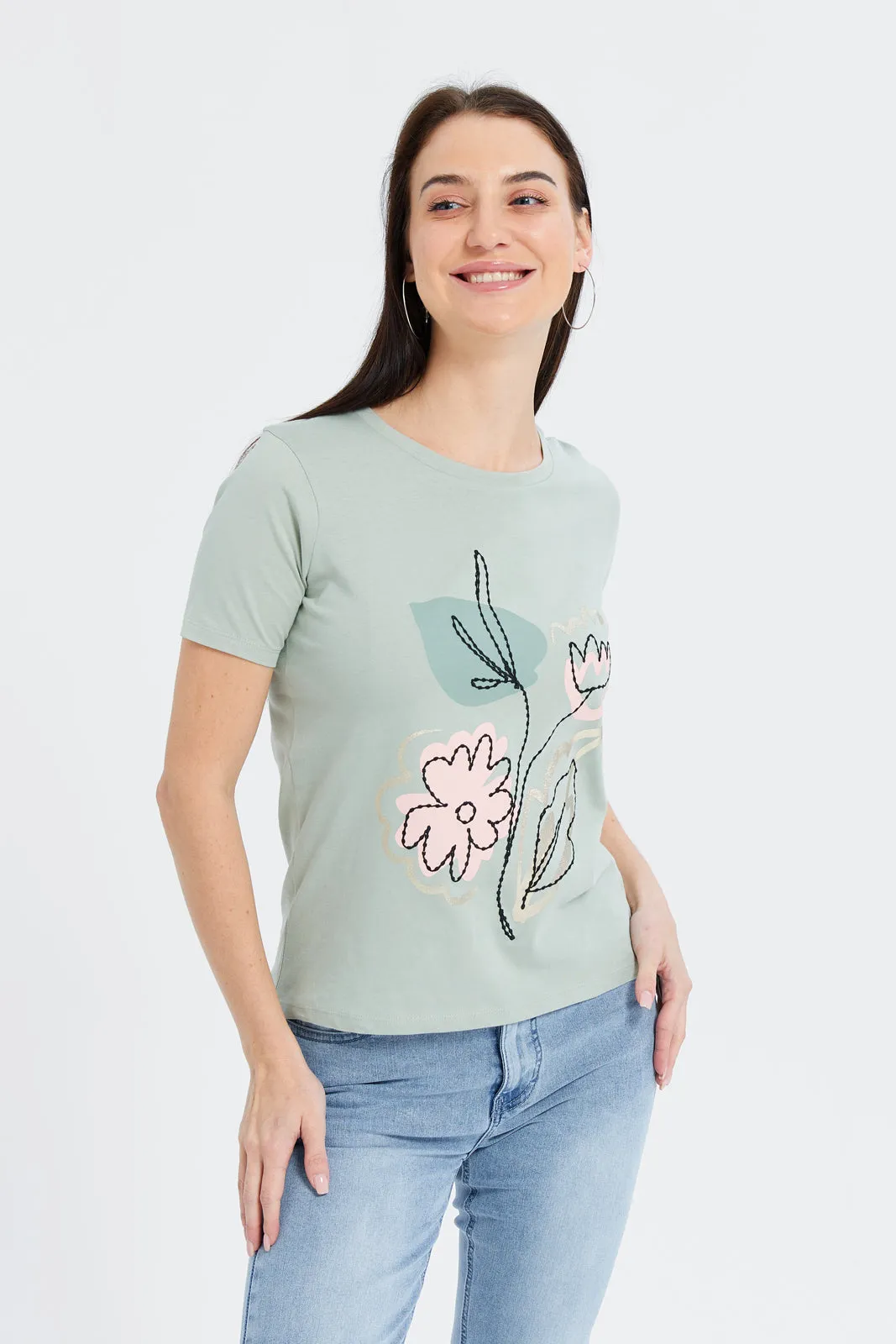 Women Mint Floral Embellished T-Shirt