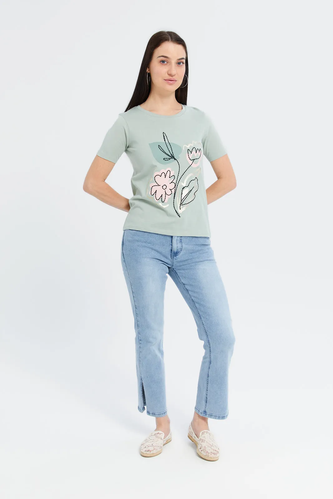 Women Mint Floral Embellished T-Shirt