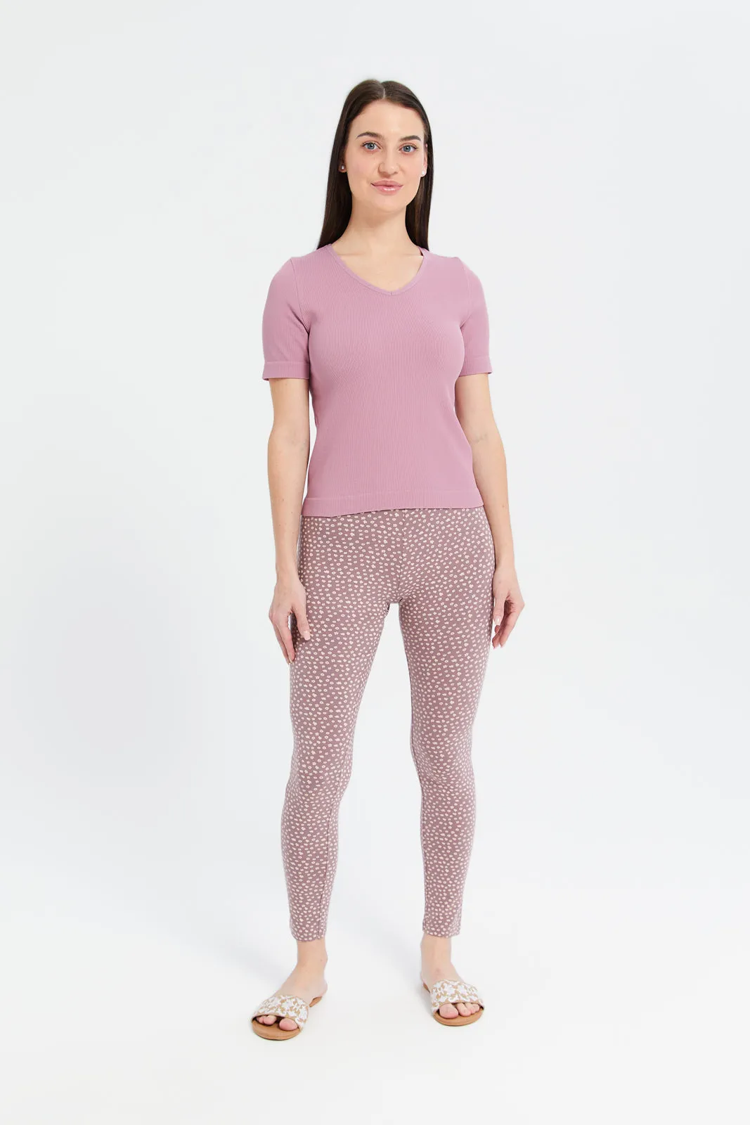 Women Pink Ribbed Top