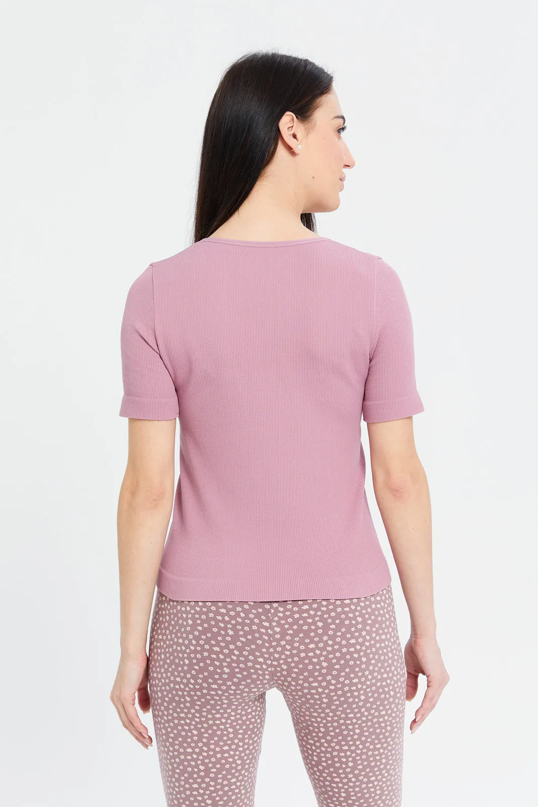 Women Pink Ribbed Top