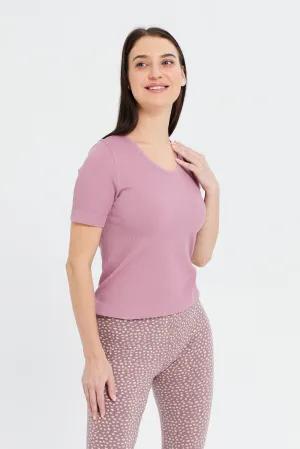 Women Pink Ribbed Top