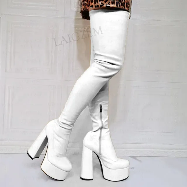 Women Thigh High Boots Elastic Platform Chunky Heels