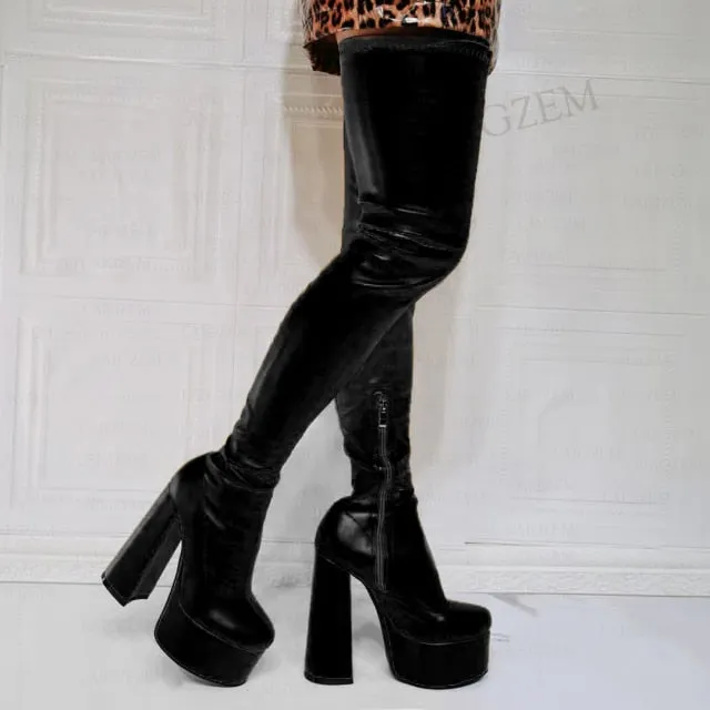 Women Thigh High Boots Elastic Platform Chunky Heels