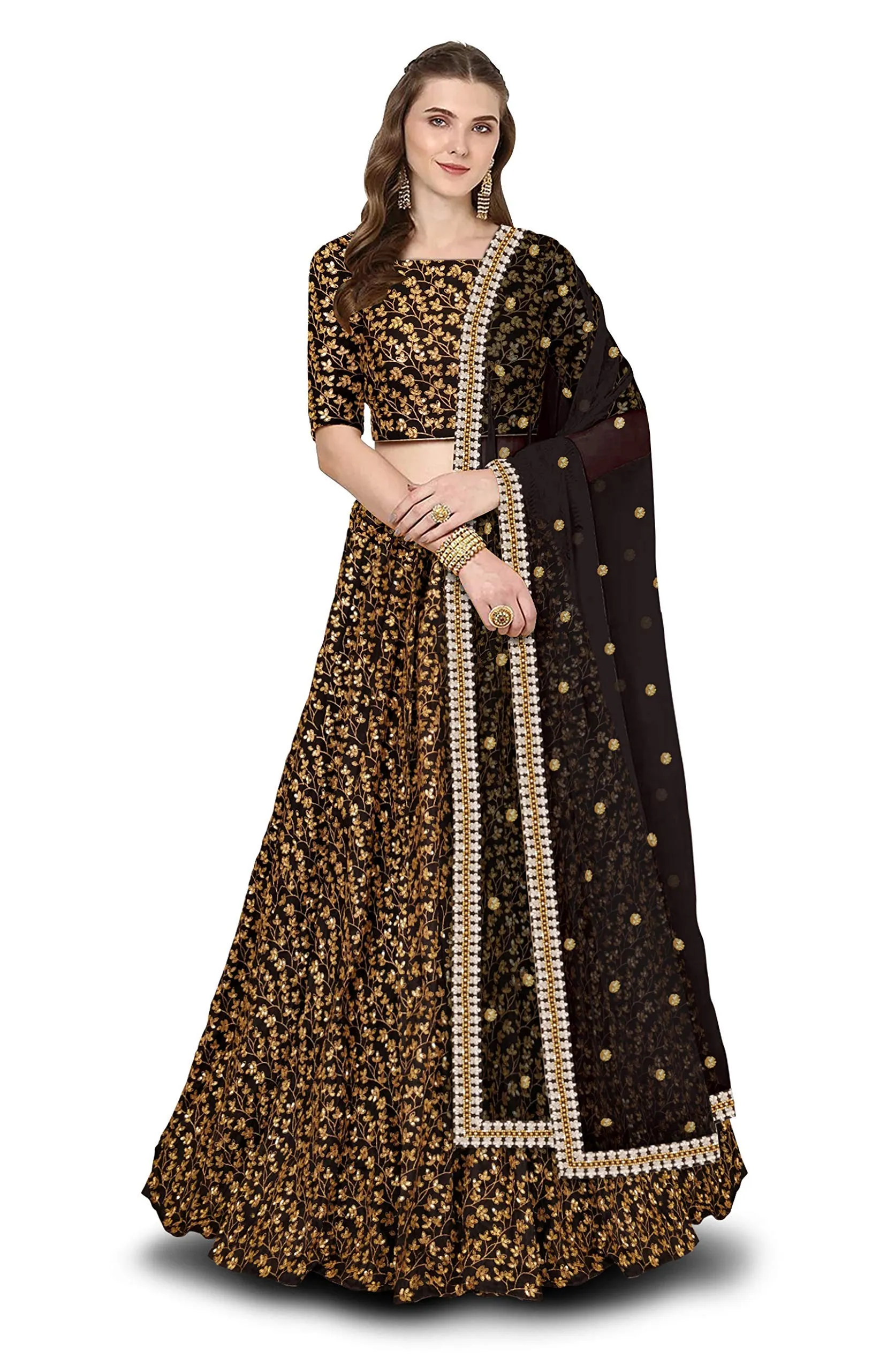 Zeel Clothing Women's Raw Silk Semi-Stitched Lehenga Choli With Dupatta (7015-Black; Free Size)